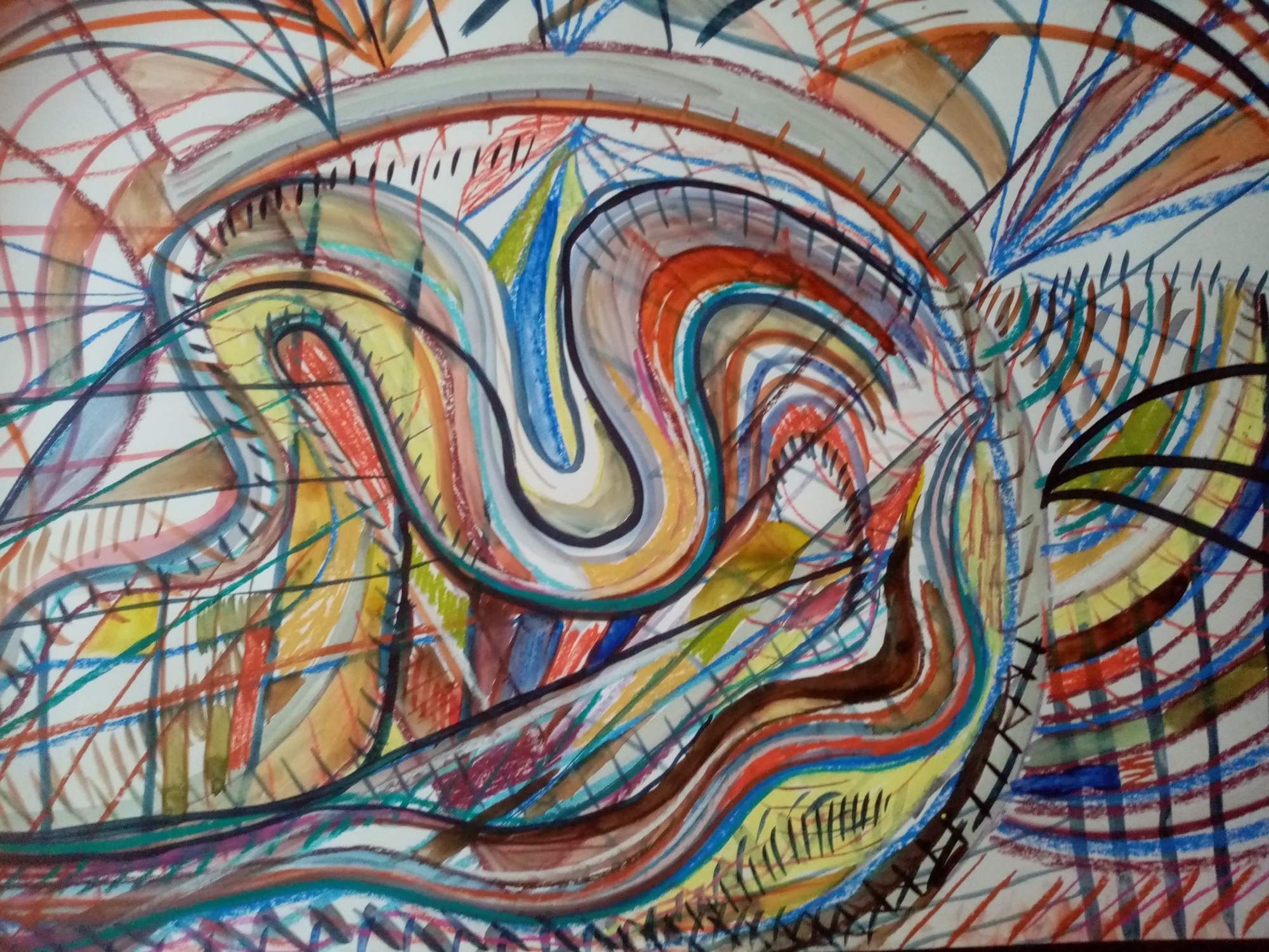 Tekening met kronkelende banen in veel kleuren