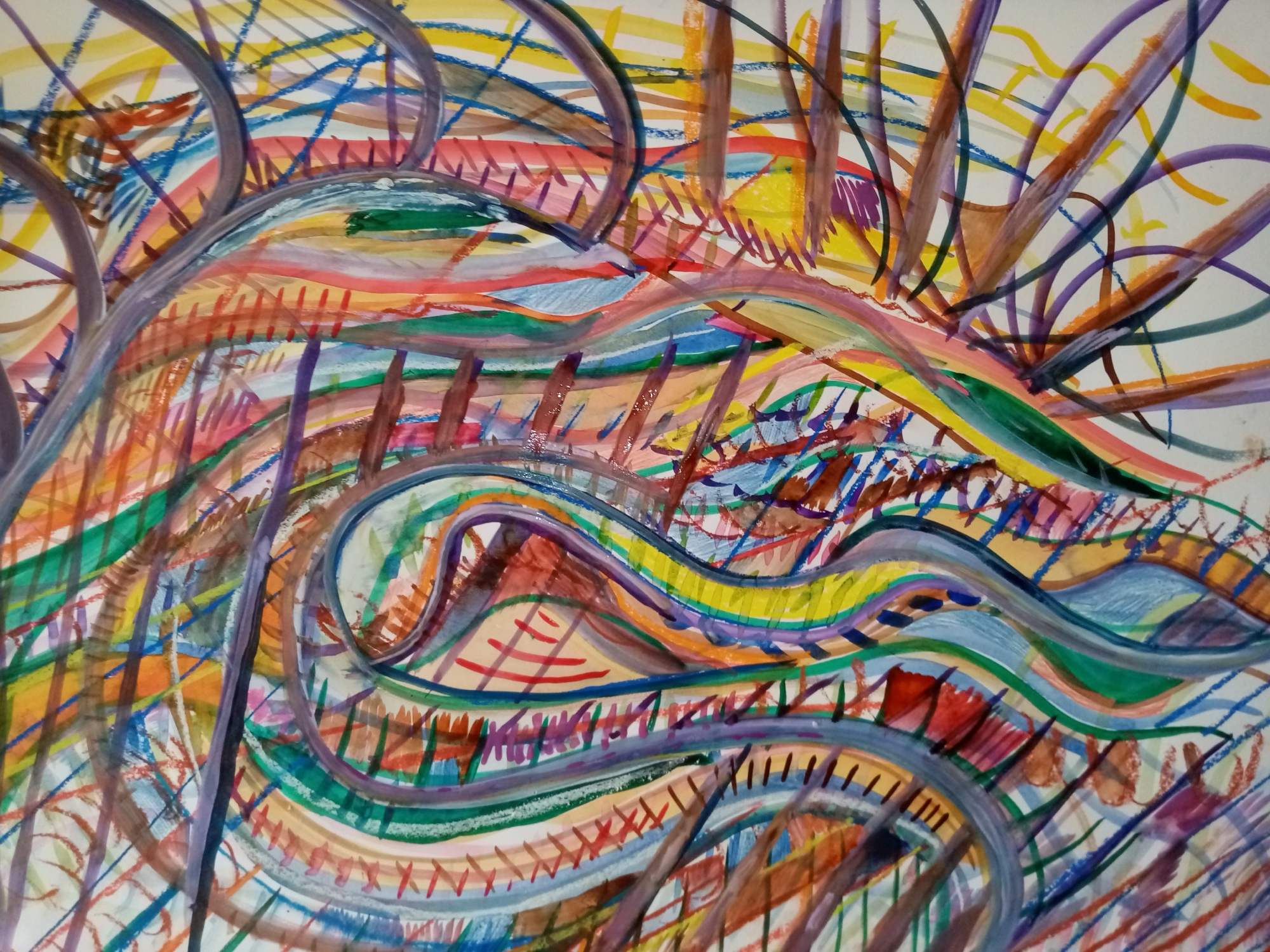 Tekening met horizontale golven in blauw, oranje en roze