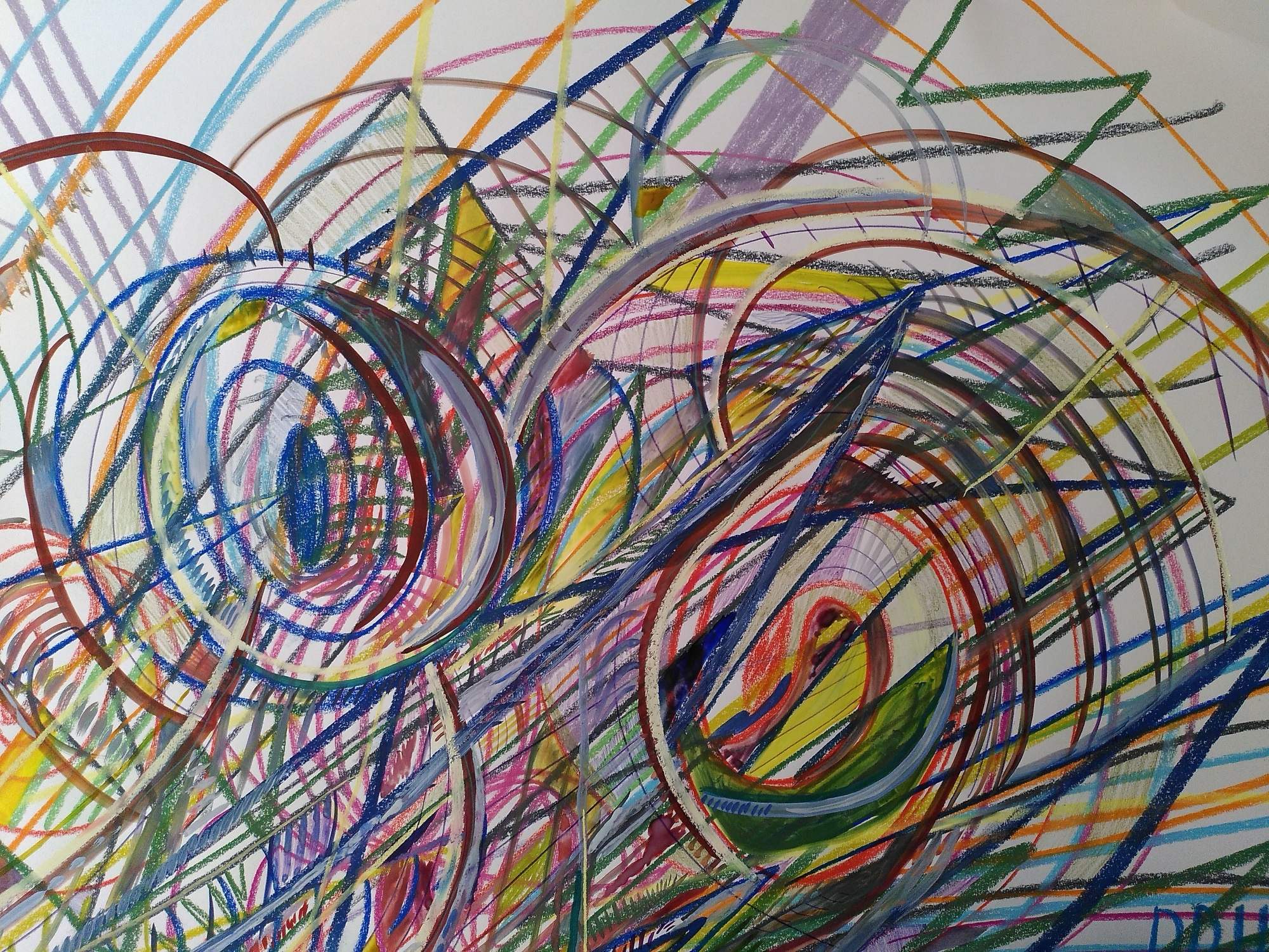 Tekening met bogen in pastelkleuren rond een cirkel