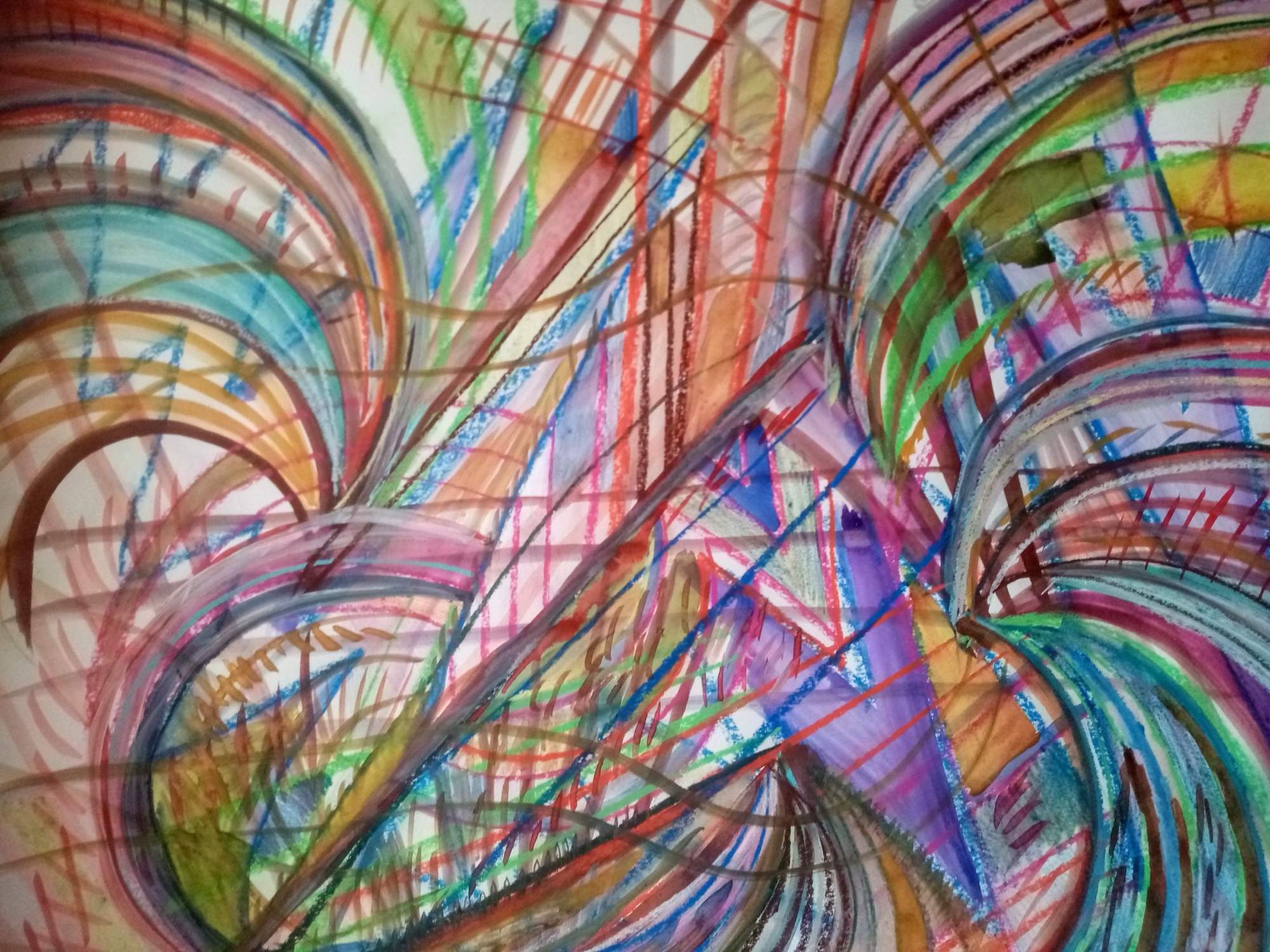 Tekening met een waaier van gekleurde lijnen